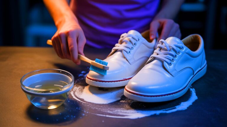 Illustration de chaussures blanches impeccablement nettoyées grâce à des astuces maison (généré par IA). Credit: Ideogram.