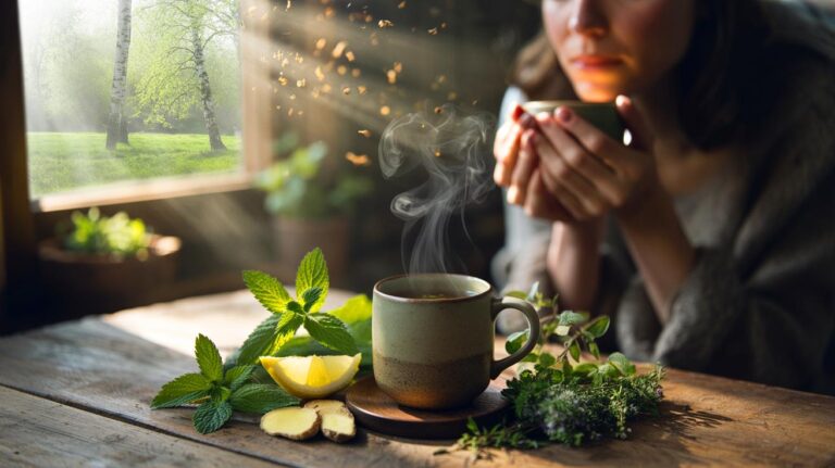 Illustration de tasse herbacée fumante apaisant les allergies saisonnières