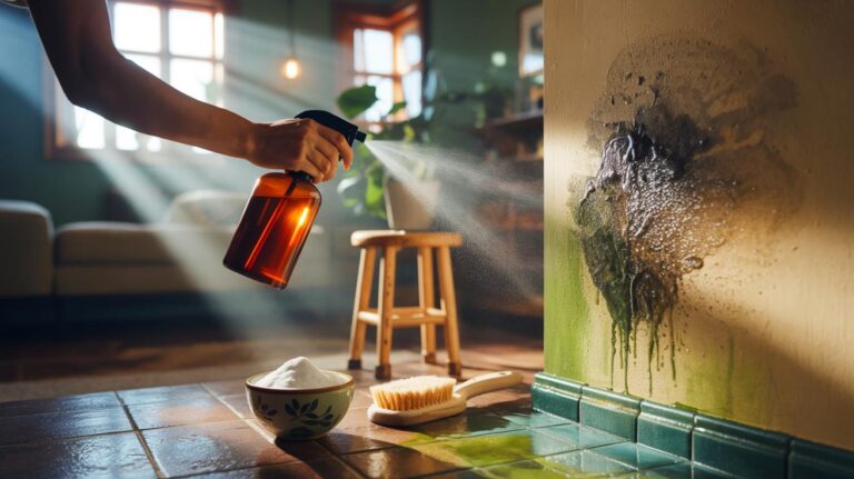 Illustration de [l’application d’un mélange naturel vinaigre, bicarbonate et tea tree pour éliminer l’humidité et les taches noires sur un mur intérieur]