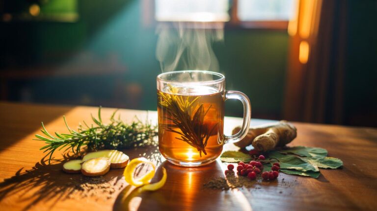 Illustration de l’infusion dynamisante au romarin, gingembre, maté et schisandra, agrémentée de zeste de citron, contre la fatigue chronique