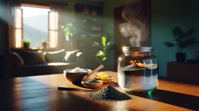 Illustration de mélange naturel purificateur d’air (bicarbonate, charbon actif, argile blanche) dans un bocal posé au salon pour assainir la maison en 24 heures