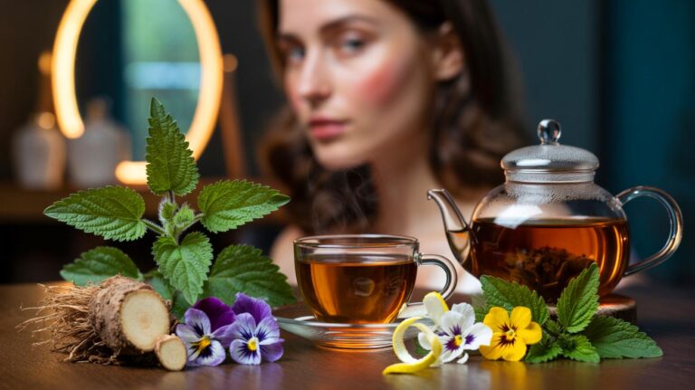 Illustration de l’infusion naturelle à base de pensée sauvage, de bardane et d’ortie pour purifier la peau et réduire les boutons en quelques jours