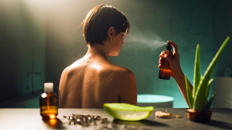 Illustration de l’application d’une lotion naturelle au thé vert, vinaigre de cidre et aloe vera sur la peau du dos pour réduire les boutons