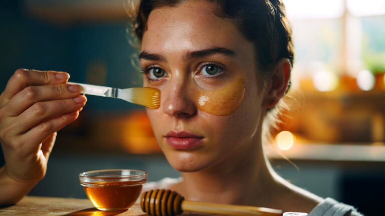 Illustration de l’application d’un masque au miel sur le visage pour réduire les boutons