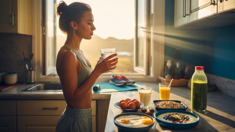 Illustration de rituel matinal alliant hydratation, petit-déjeuner protéiné, lumière naturelle, mouvement et pleine conscience
