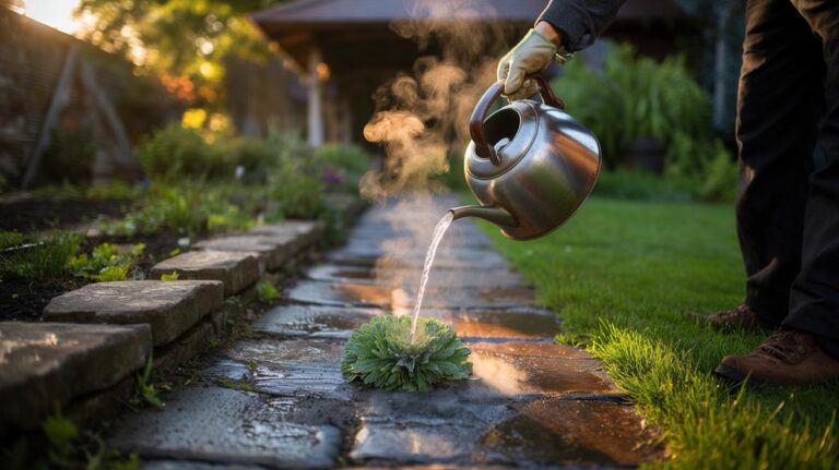 Illustration de l’élimination des mauvaises herbes à l’eau bouillante, sans produits chimiques, sur des joints de pavés