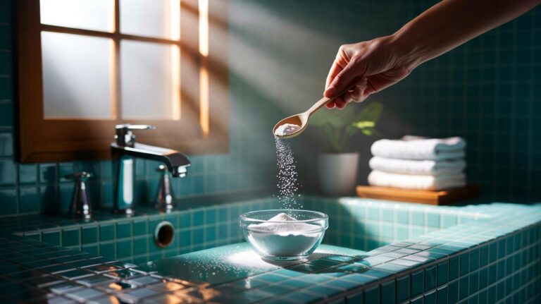 Illustration de [bicarbonate de soude utilisé dans une salle de bain pour neutraliser les mauvaises odeurs]