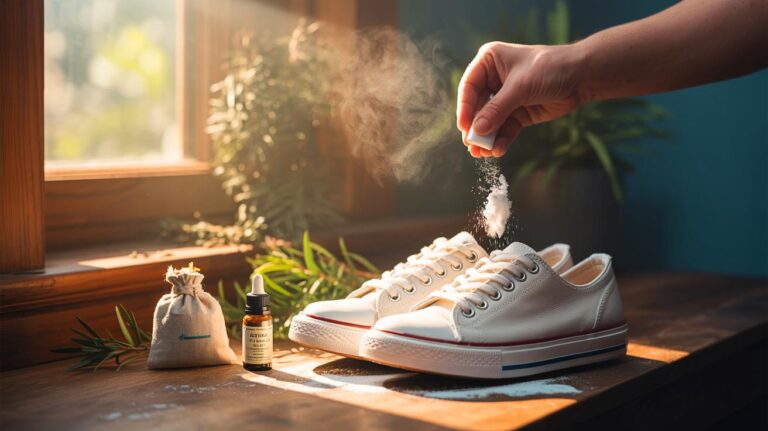 Illustration de l’élimination des mauvaises odeurs dans les chaussures grâce à un remède naturel à base de bicarbonate, de fécule et d’huile essentielle de tea tree