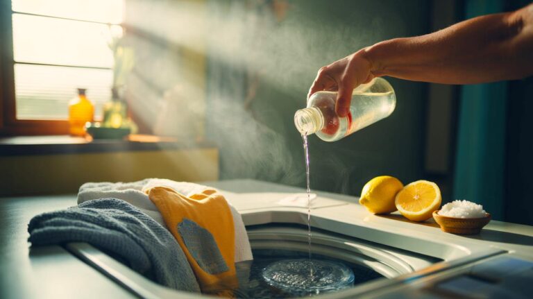 Illustration de rinçage naturel au vinaigre blanc ou à l’acide citrique pour éliminer les mauvaises odeurs des vêtements
