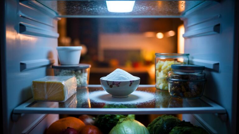 Illustration de bicarbonate de soude dans une coupelle placée dans un réfrigérateur pour neutraliser les mauvaises odeurs