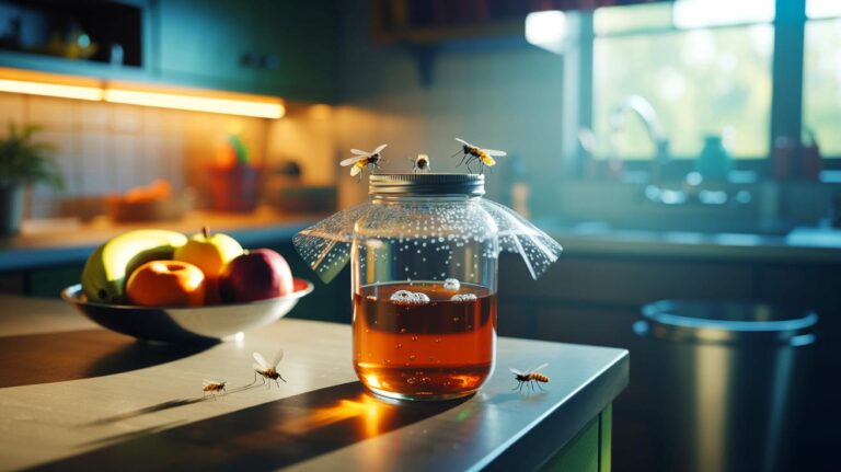 Illustration d’un piège maison au vinaigre de cidre et au savon contre les mouches de cuisine, bocal en verre avec film percé posé près d’une corbeille de fruits, efficace en quelques heures