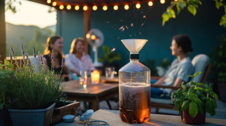 Illustration d’une terrasse au crépuscule protégée des moustiques grâce à un piège naturel au CO₂ à base de levure et de sucre, avec pots de plantes répulsives