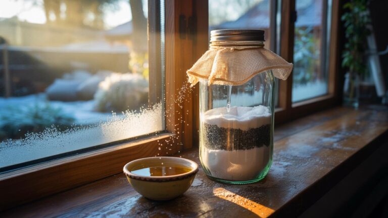 Illustration de [une préparation naturelle anti-humidité à base de gros sel, bicarbonate et charbon actif, disposée dans un bocal près d’une fenêtre pour garder la maison sèche tout l’hiver]