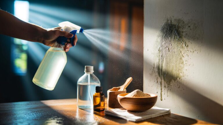 Illustration de [l’application d’une solution naturelle au vinaigre blanc, bicarbonate de soude et huile essentielle de tea tree sur un mur humide pour éliminer les moisissures]