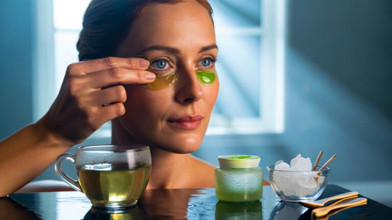 Illustration de l’application d’une compresse froide au thé vert et gel d’aloe vera pour réduire les poches sous les yeux