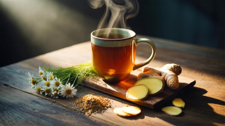 Illustration de l’infusion digestive au fenouil, camomille et gingembre pour apaiser les remontées acides