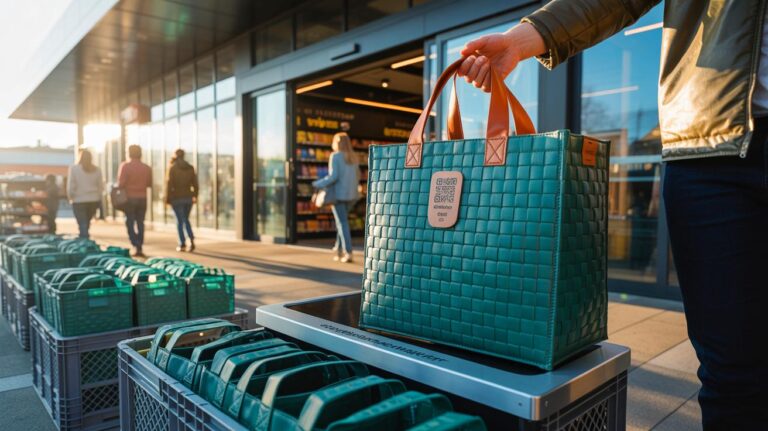 Illustration de sacs réemployables consignés remplaçant les sacs plastiques, collectés, lavés et remis en circulation