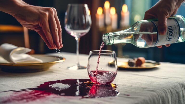 Illustration de l’application de sel fin et d’eau pétillante sur une tache de vin rouge sur une nappe blanche