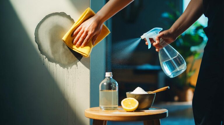 Illustration de l’élimination des taches d’eau sur un mur avec un remède naturel à base de vinaigre, bicarbonate et citron