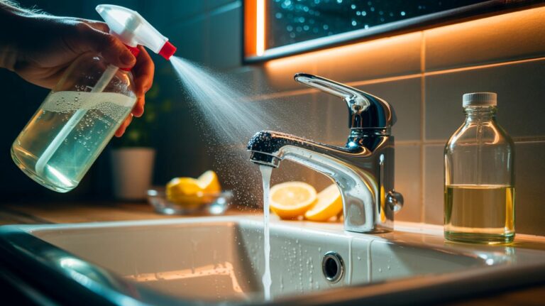 Illustration de l’élimination des taches d’eau sur un robinet grâce à un mélange vinaigre et acide citrique, sans frotter