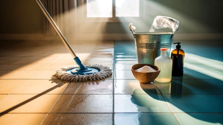Illustration de [une serpillière microfibre nettoyant un carrelage taché avec un seau de mélange bicarbonate, vinaigre blanc et savon noir]