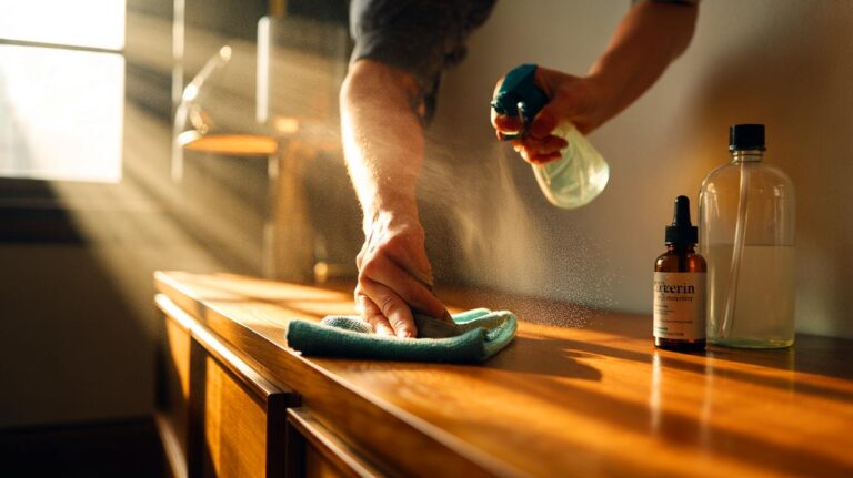 Illustration de l’application d’une solution antistatique maison à base de vinaigre et de glycérine avec une microfibre sur un meuble en bois pour une brillance qui dure une semaine