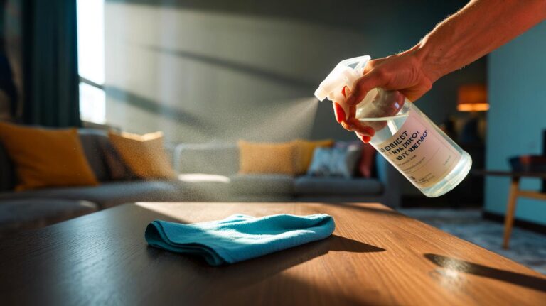 Illustration de l'application d'un spray anti-poussière maison avec une microfibre sur un meuble pour limiter l'accumulation de poussière