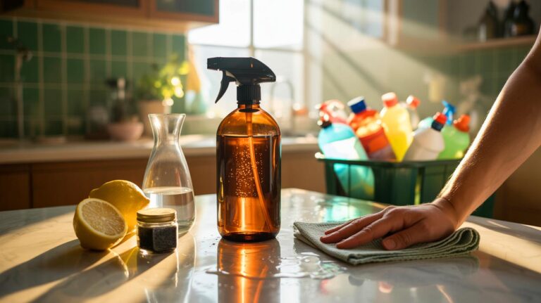Illustration de la préparation et de l’utilisation d’un nettoyant naturel universel à base de vinaigre blanc, savon noir et eau pour toute la maison