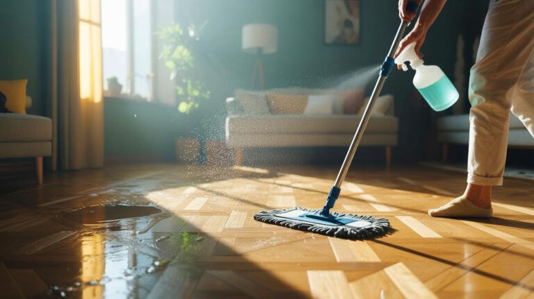 Illustration de la brumisation d’eau déminéralisée et du passage d’un balai microfibre pour un sol impeccable sans produits chimiques