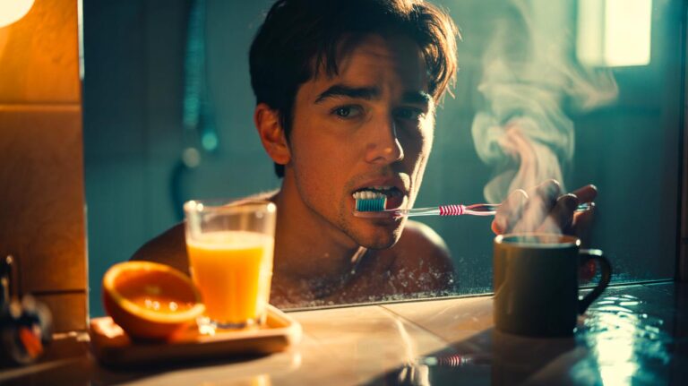 Illustration de [se brosser les dents juste après un repas, avec risque d’érosion de l’émail sous l’effet des acides]