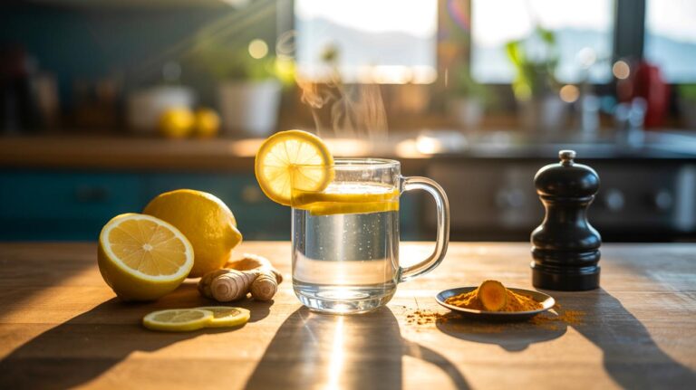 Illustration d’un verre d’eau tiède au citron bu à jeun pour soutenir la santé du foie