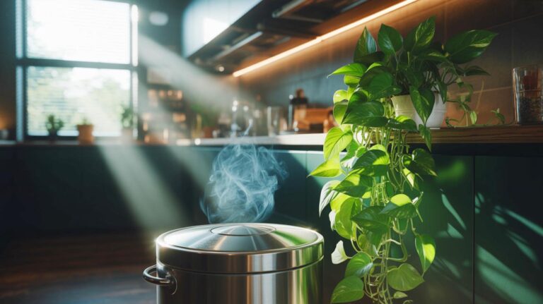 Illustration de la plante Pothos (Epipremnum aureum) neutralisant les mauvaises odeurs dans un intérieur