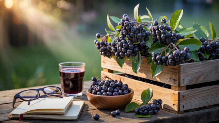 Illustration de baies d’aronia fraîches sur un étal de marché, fruit méconnu réputé pour stimuler la mémoire et la concentration