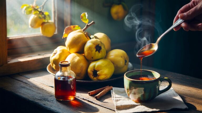 Illustration de coings du jardin et sirop de coing maison utilisés comme remède naturel contre la toux