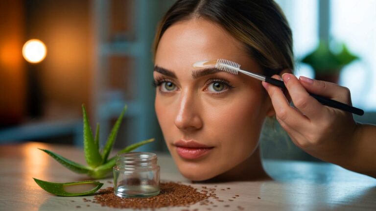 Illustration de l’application d’un gel naturel aux graines de lin sur les sourcils, alternative au tatouage