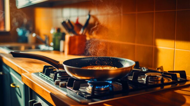 Illustration de l'impact de la cuisson à haute température sur la qualité de l'air intérieur (généré par IA). Credit: Ideogram.