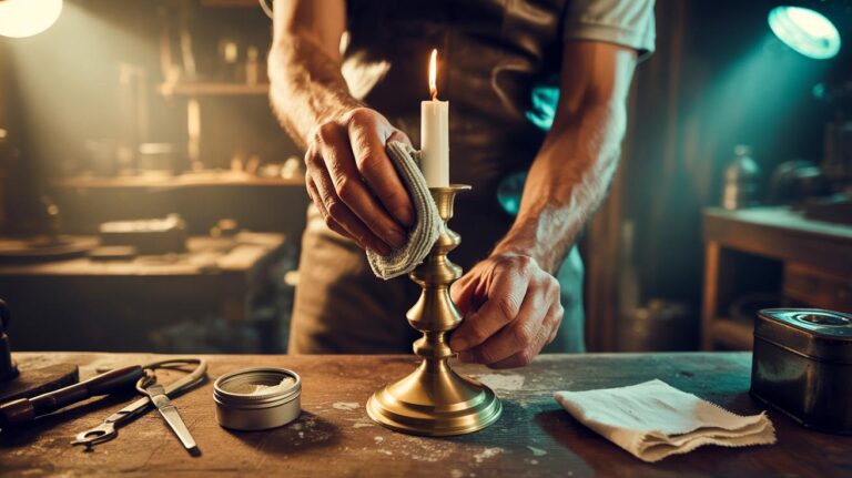 Illustration de l’artisan polissant un métal ancien avec un chiffon et une pâte micro-abrasive