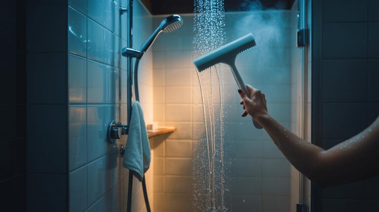 Illustration de l’élimination des résidus de savon dans une douche en 30 secondes grâce à un rinçage à l’eau froide, une raclette et une microfibre