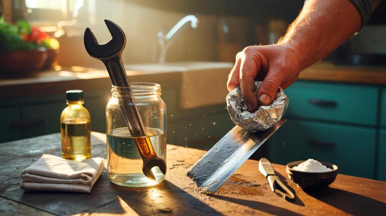 Illustration de la restauration d’outils métalliques rouillés au vinaigre blanc, avec frottage au papier aluminium et huilage protecteur