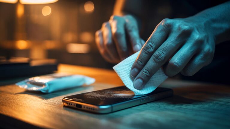 Illustration de l’essuyage d’un smartphone avec une lingette à l’alcool isopropylique 70 % pour limiter la contamination bactérienne