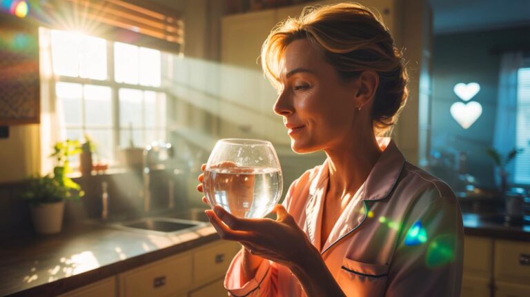 Illustration de l’hydratation matinale par un grand verre d’eau au réveil pour protéger le cœur selon une nouvelle étude