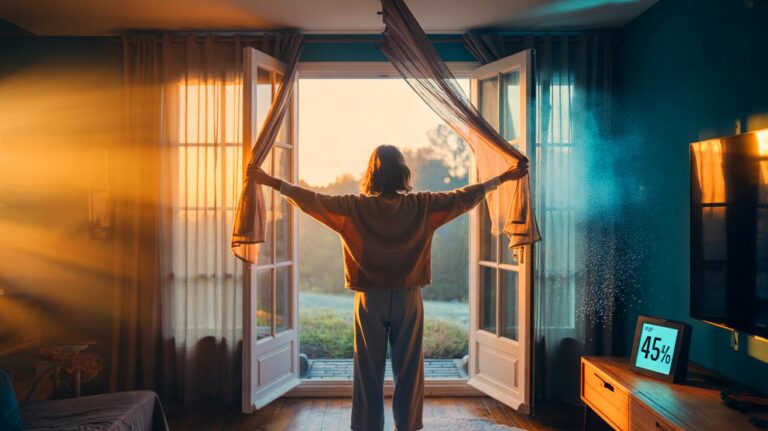 Illustration de [l’ouverture en grand des fenêtres pour une aération brève et intense empêchant la formation de moisissures dans la maison]