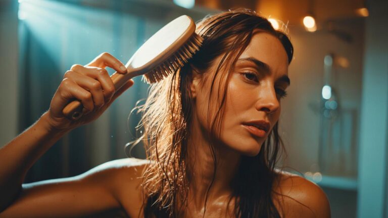 Illustration de brossage à sec des cheveux avec une brosse en poils naturels pour répartir le sébum et révéler la brillance, sans shampoing