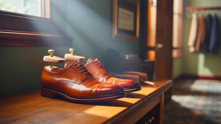 Illustration de l’utilisation immédiate d’embauchoirs en cèdre dans des chaussures en cuir pour prolonger leur durée de vie