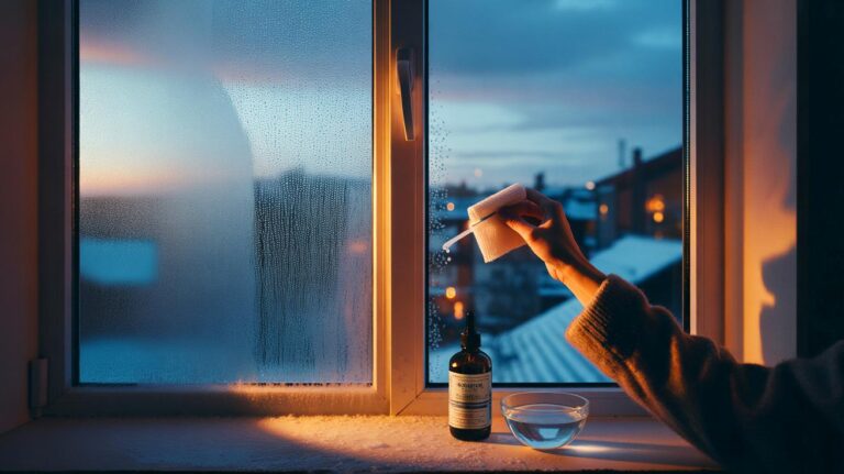Illustration de [l’application d’une fine couche de glycérine sur une vitre en hiver pour empêcher la condensation]