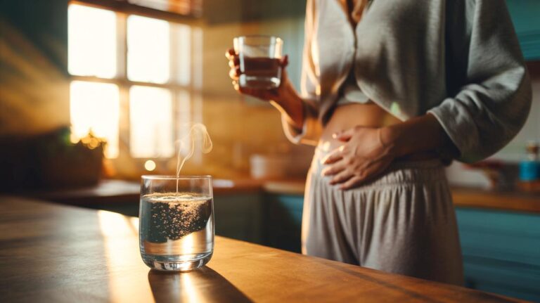 Illustration de la routine matinale : verre d’eau tiède, cinq respirations profondes et trois minutes de marche pour relancer la digestion