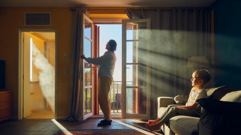 Illustration de l’aération en grand de la maison pendant 10 minutes, matin et soir, pour chasser l’humidité et protéger une famille des moisissures invisibles