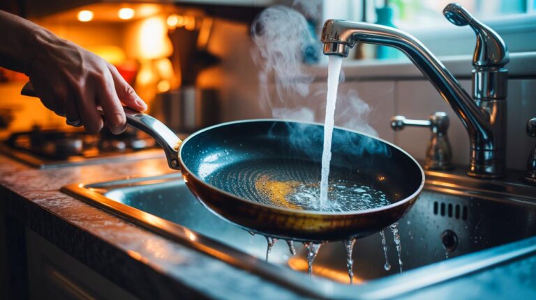 Illustration de rinçage d’une poêle encore chaude à l’eau froide au robinet, causant un choc thermique qui abîme le fond et le revêtement