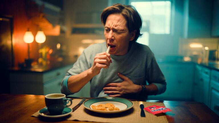 Illustration de la mastication d’un chewing-gum juste après le repas, favorisant les ballonnements