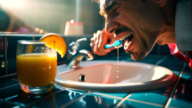 Illustration de brossage des dents immédiatement après une boisson acide, provoquant l’érosion de l’émail
